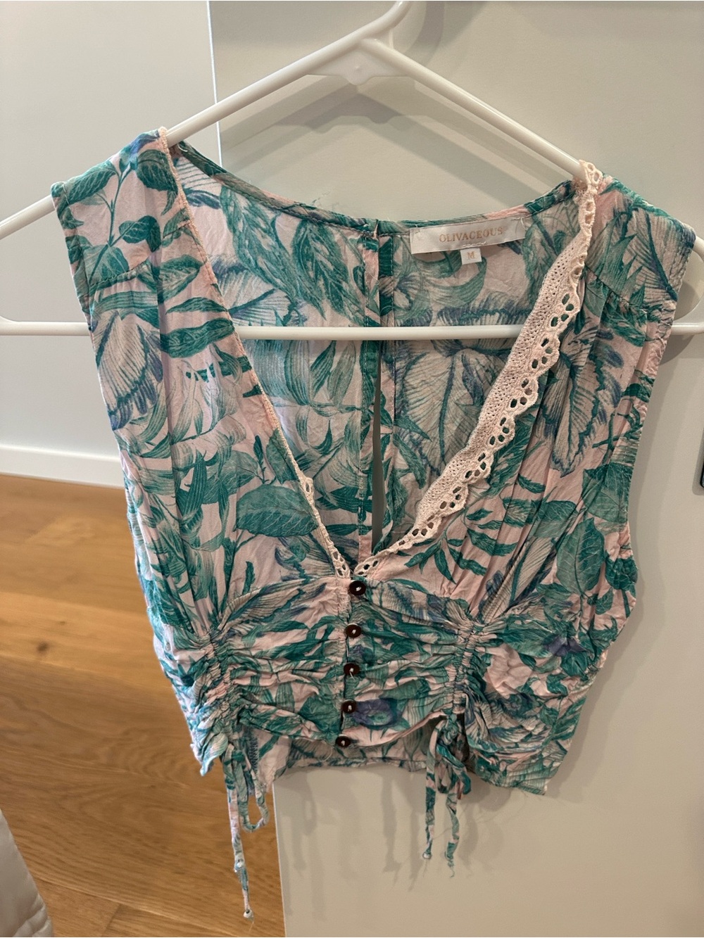 Olivaceous Teal Leaf-Print Lace Trim Ruched Crop Top
